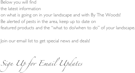 Below you will find 
the latest information
on what is going on in your landscape and with By The Woods!  
Be alerted of pests in the area, keep up to date on 
featured products and the “what to do/when to do” of your landscape.

Join our email list to get special news and deals!


Sign Up for Email Updates
